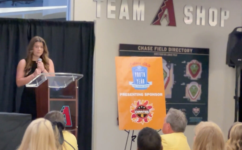 Sydney F. delivers her speech from the Chase Field's Third Base Lounge Watch video of Sydney's Speech